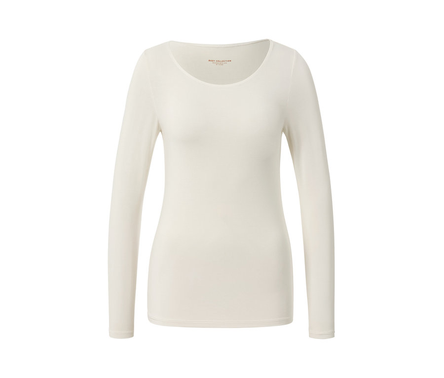 Krémszínű, hosszú ujjú, selyemmel kevert modál női felső.