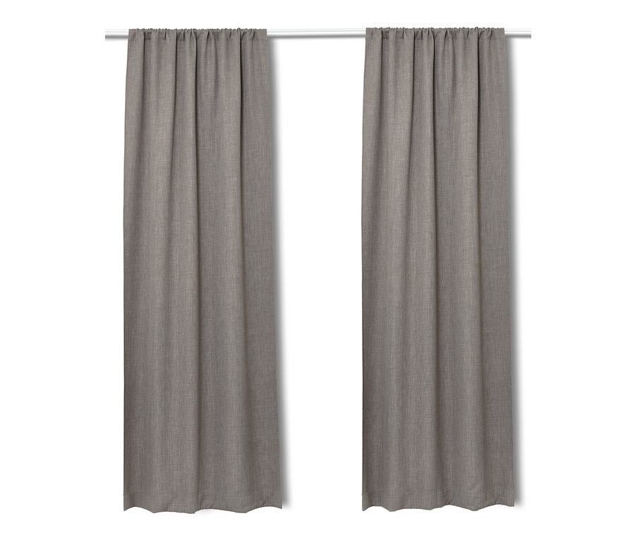 Két szürke sötétítőfüggöny lóg egy fehér rúdon.