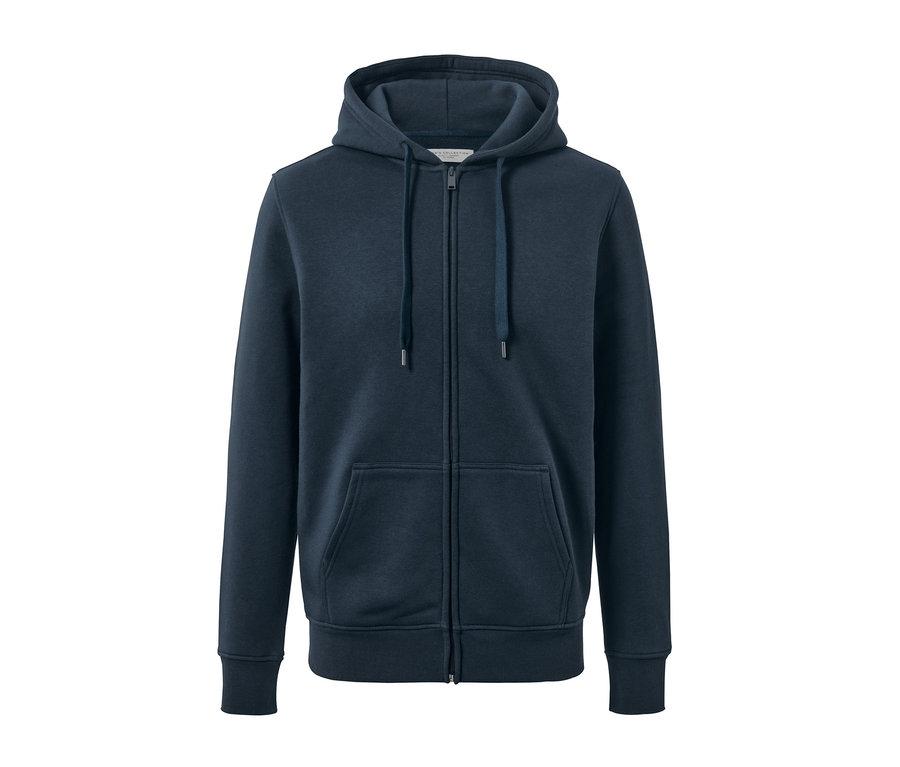 Sötétkék, cipzáros kapucnis felső.