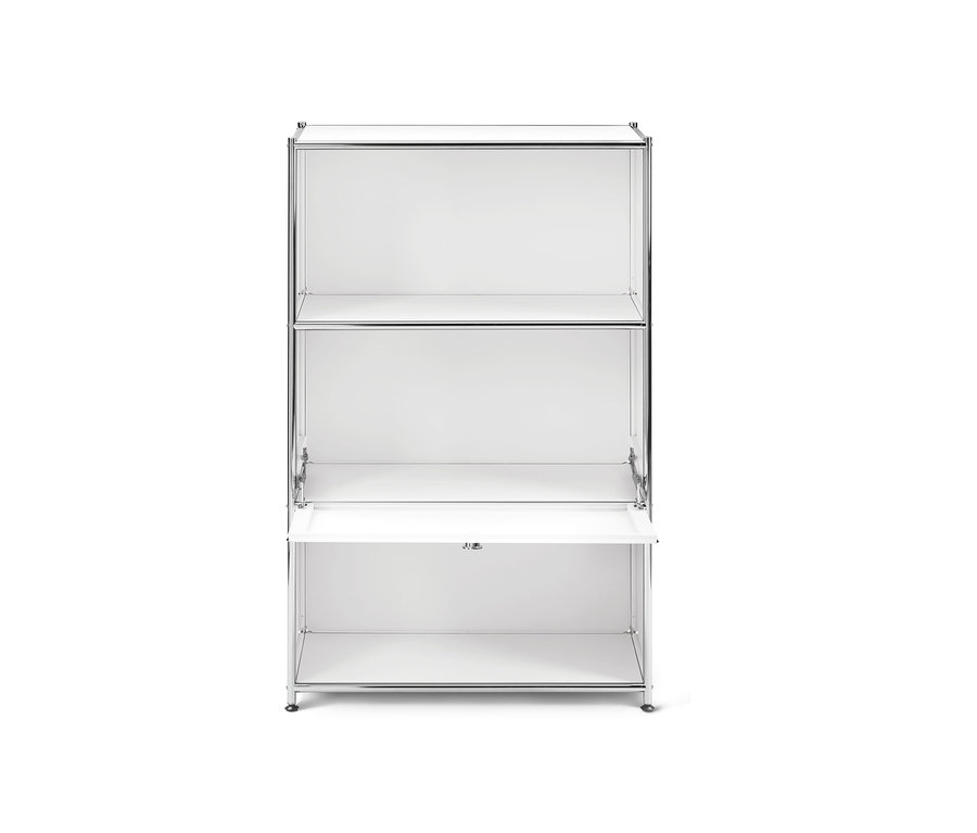 Fehér »CN3« polcos komód lenyitható ajtóval.