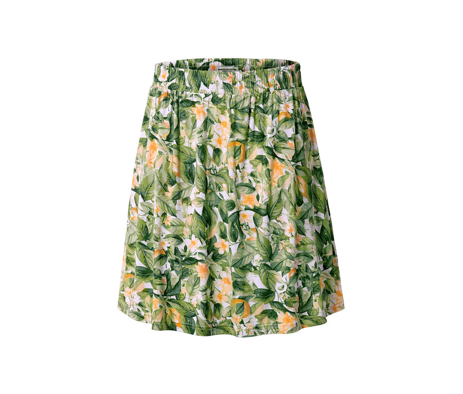 Női jerseyszoknya levél- és virágmintával.