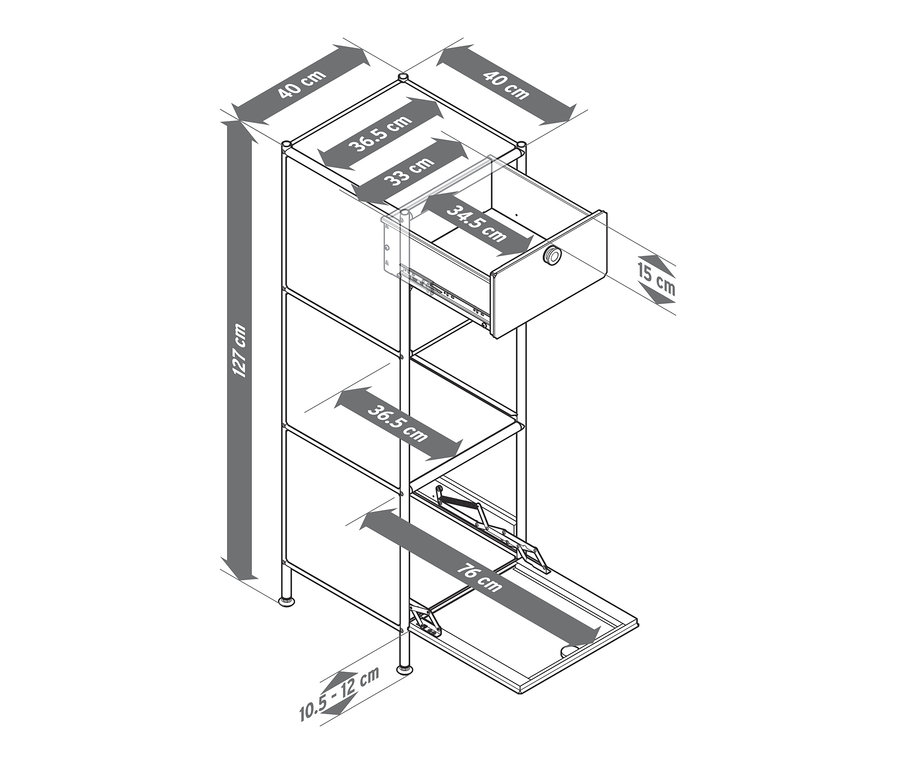 A »CN3« keskeny fém komód vázlata két fiókkal és 1 lenyíló ajtóval, amely a méreteit mutatja.