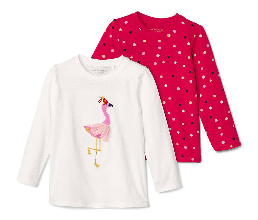 Két hosszú ujjú gyerekfelső: egy fehér, flamingós, egy piros, pöttyös.