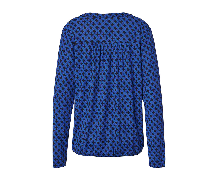 Mintás, kék, hosszú ujjú női pólóblúz, kobaltkék színben.