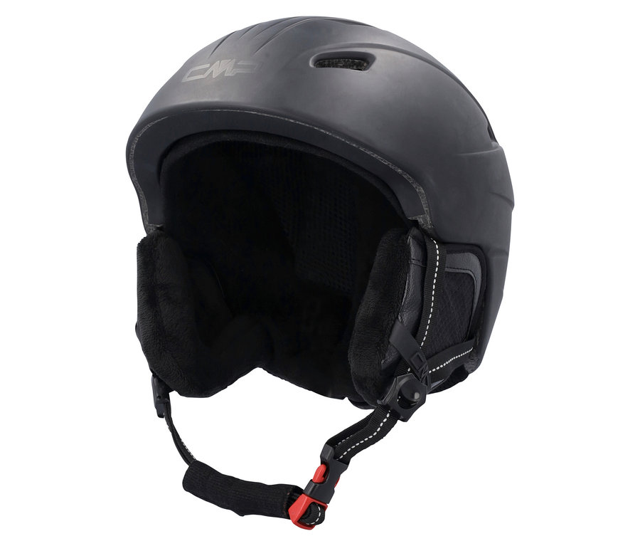 Egy fekete sí sisak fülekkel.