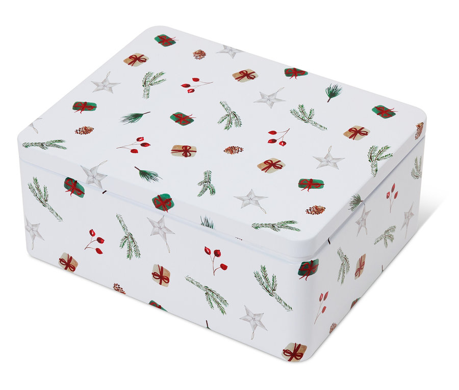 Fehér színű, karácsonyi mintás fémdoboz, csillagokkal, ágakkal, bogyókkal és ajándékokkal.
