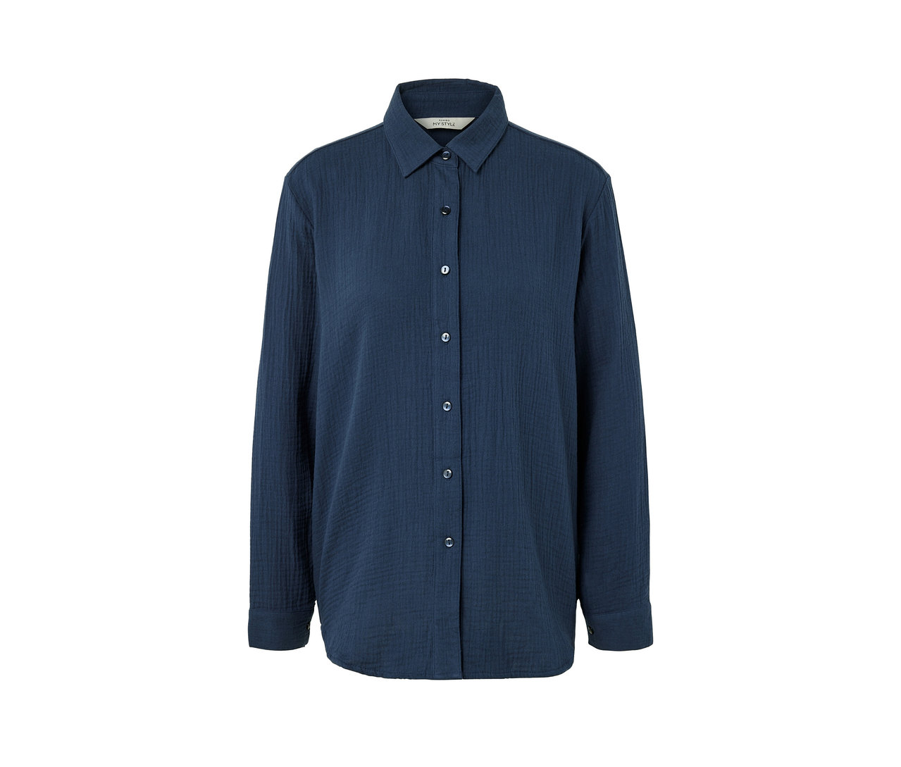 Tengerészkék muszlinblúz gallérral és gombsorral.