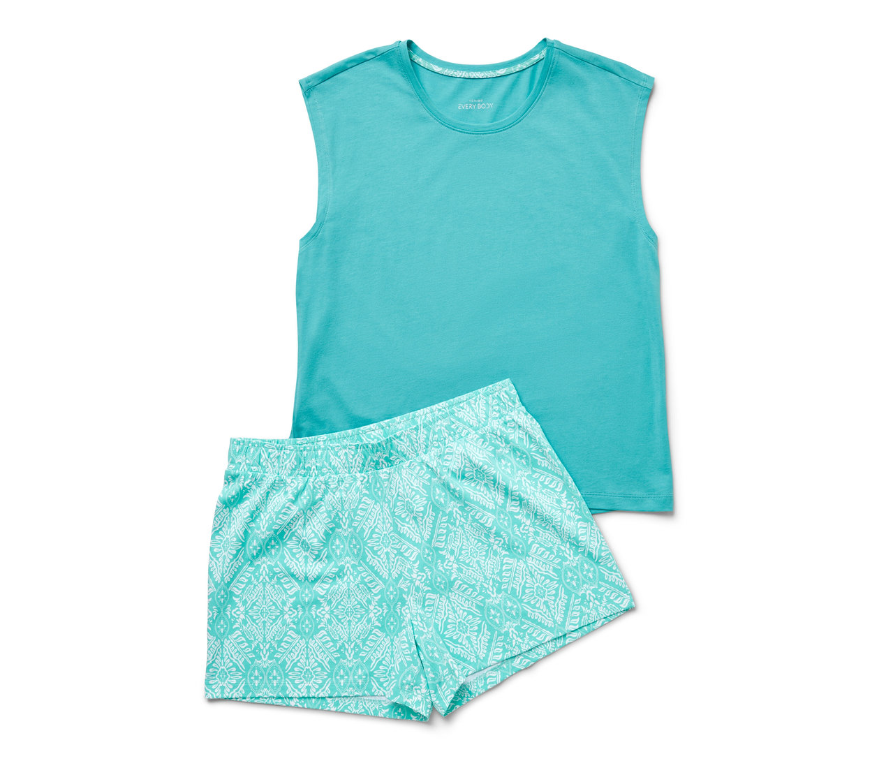 Türkiz rövidnadrágos pizsama, ujjatlan felsővel és mintás rövidnadrággal.