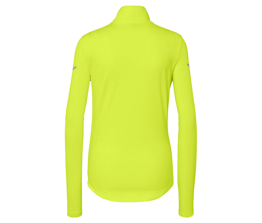Hátulnézet egy neonsárga, hosszú ujjú sportfelsőről, cipzárral a nyakánál.