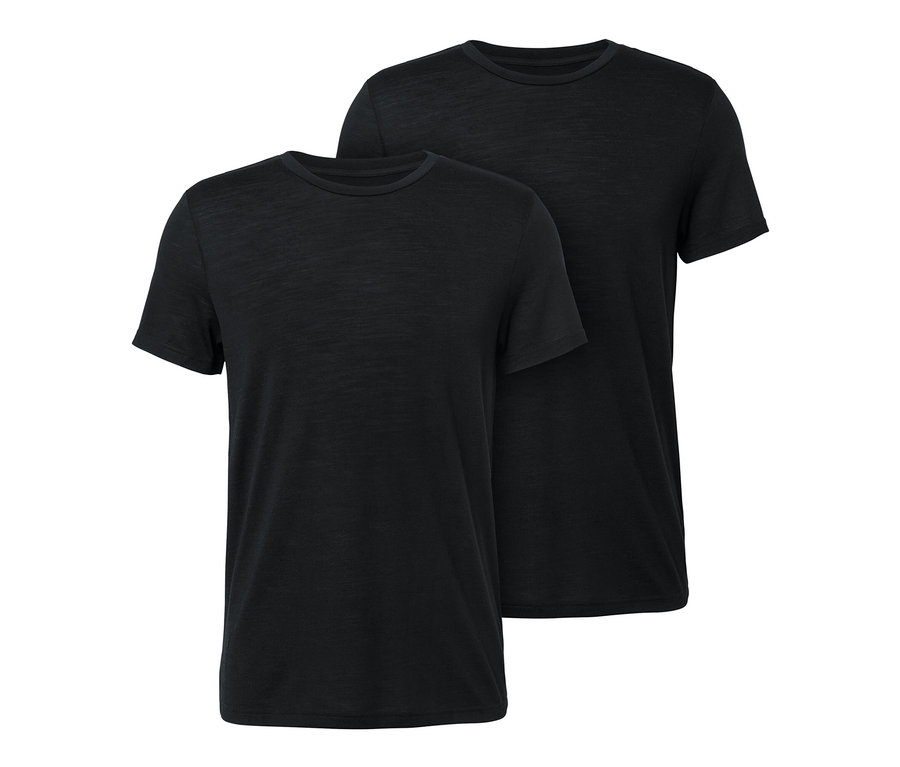 Két fekete, rövid ujjú póló merinó gyapjúval.