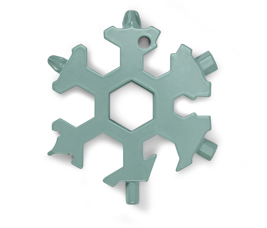 Egy zöld, hópehely alakú multifunkciós kulcs fehér háttéren.