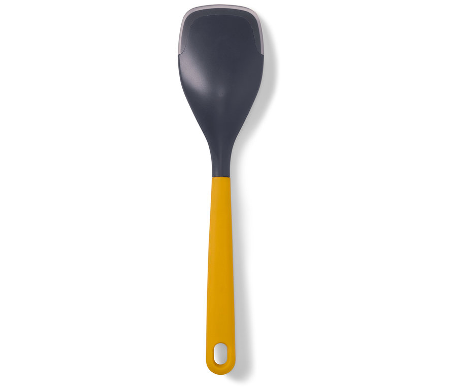 Szürke merőkanál sárga nyéllel fehér háttér előtt.