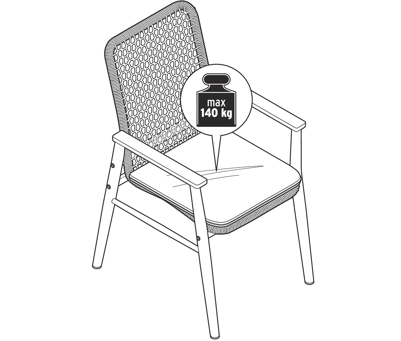 Egy étkezőszék rajza teakfa kartámlával és textilhálóval.