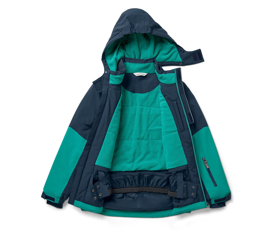 Nyitott, sötétkék és zöld színű kabát kapucnival.