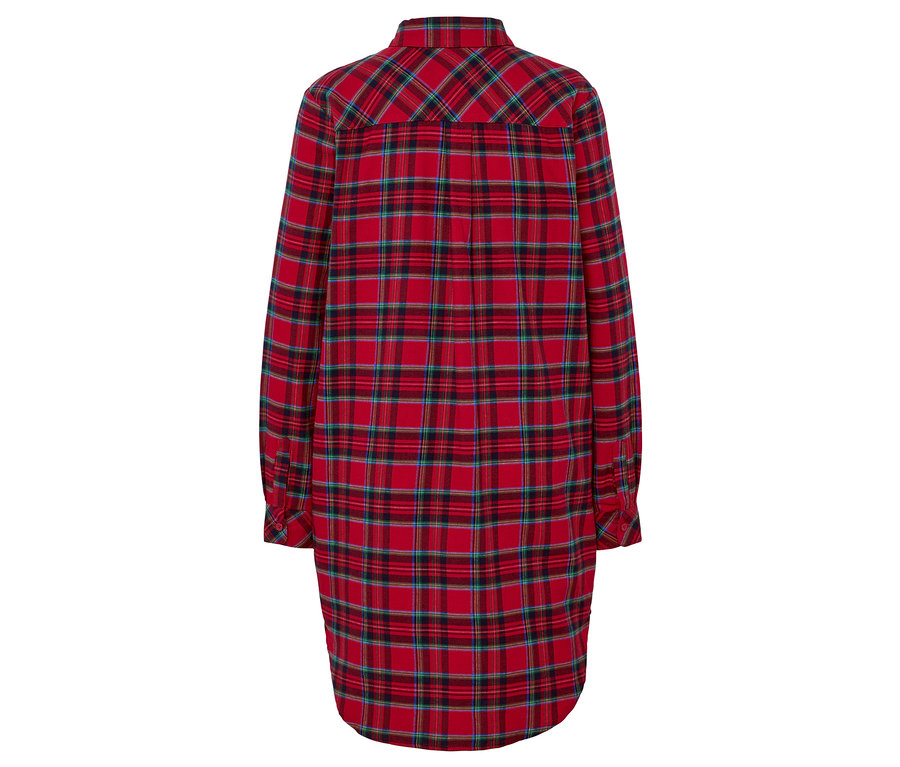 Hátulnézet egy hosszú ujjú, kockás ingről piros, zöld és kék színben.