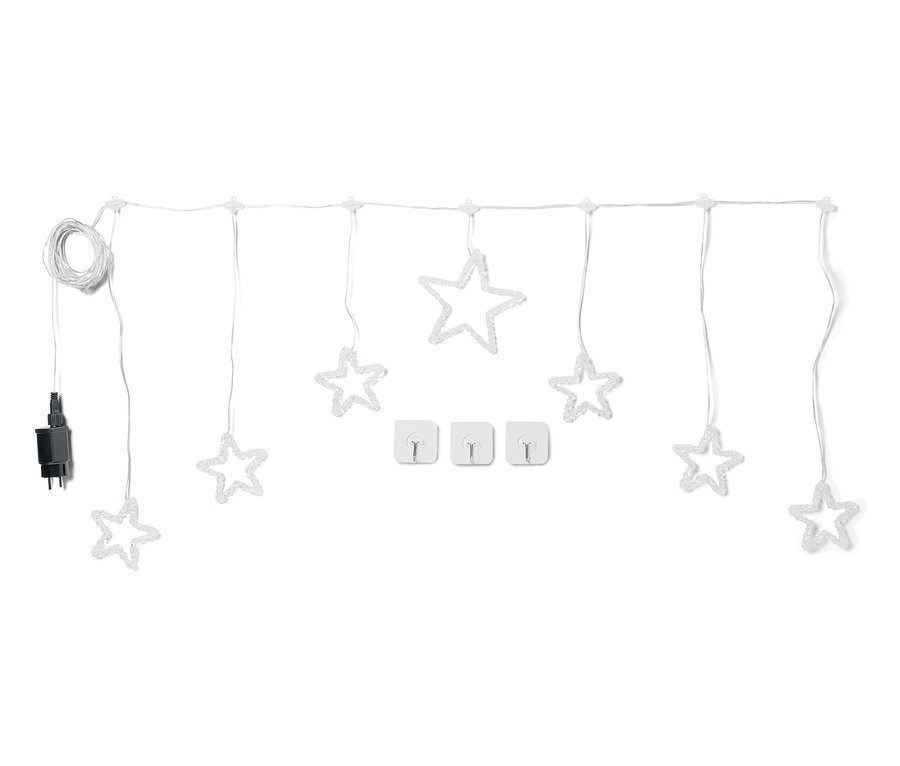 Fehér csillag alakú fényfüzér három kábeltartóval fehér háttéren.