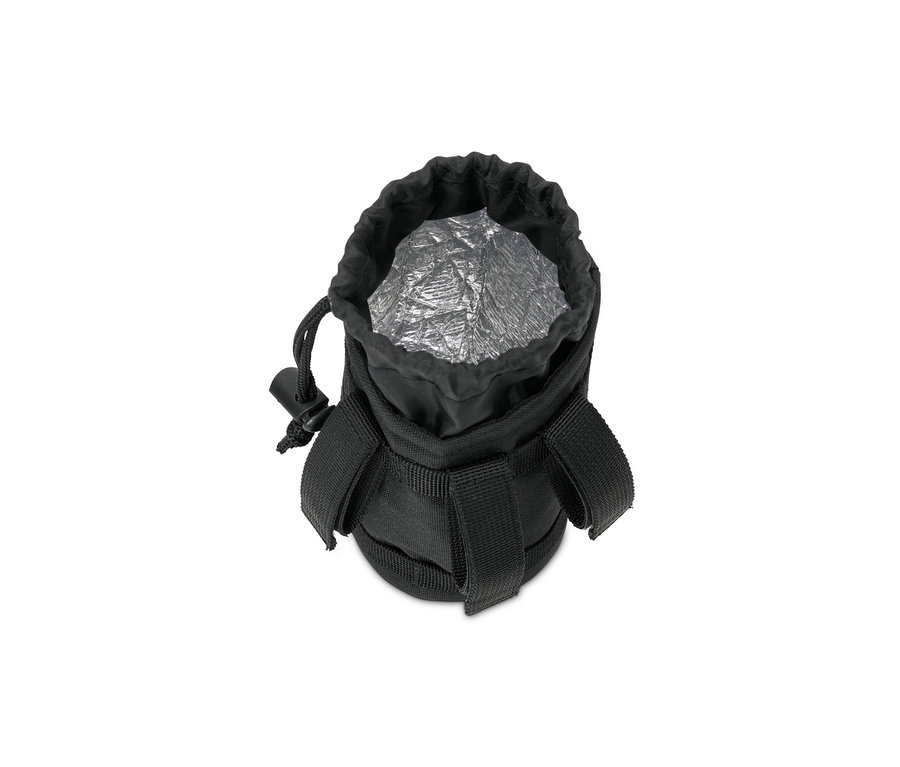 Egy fekete kerékpárra való uzsonnástáska belső szigetelő réteggel.