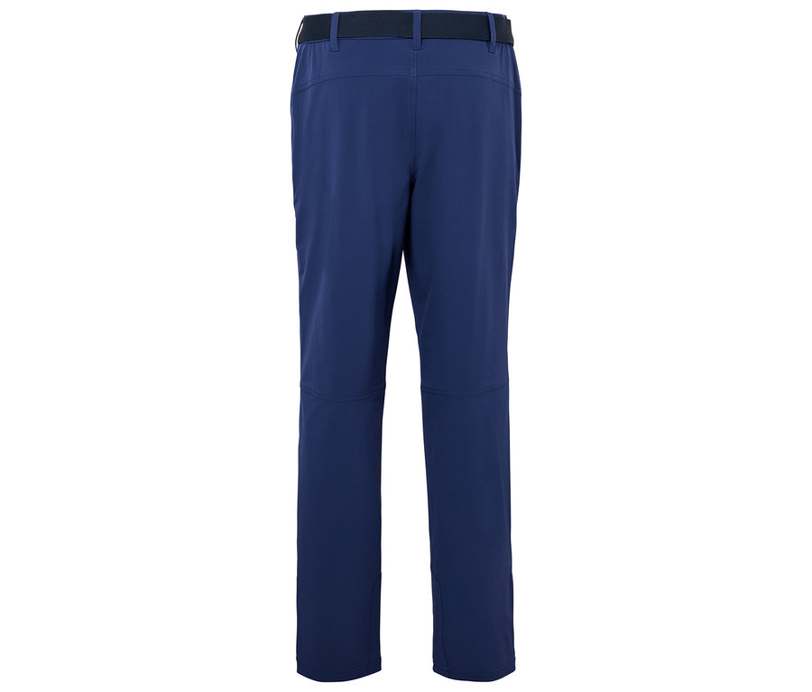 Hátulnézet egy sötétkék nadrágról fekete övvel.