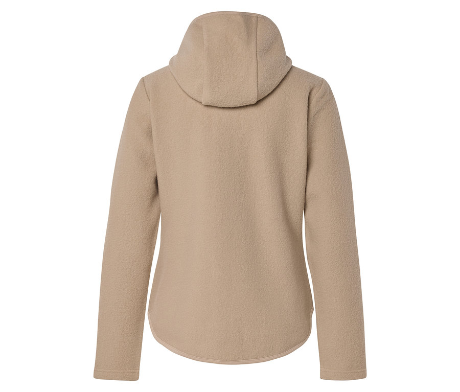 Bézs színű, kapucnis polár pulóver hátulnézete, hosszú ujjakkal és ívelt szegéllyel.