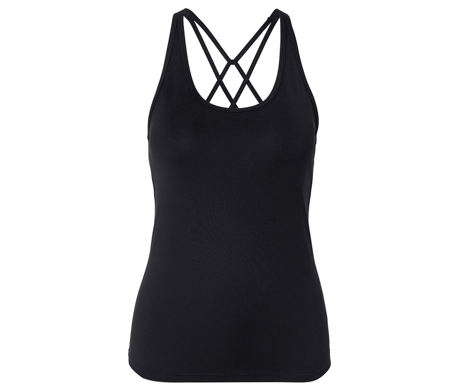 Fekete trikó hátul keresztezett pántokkal.