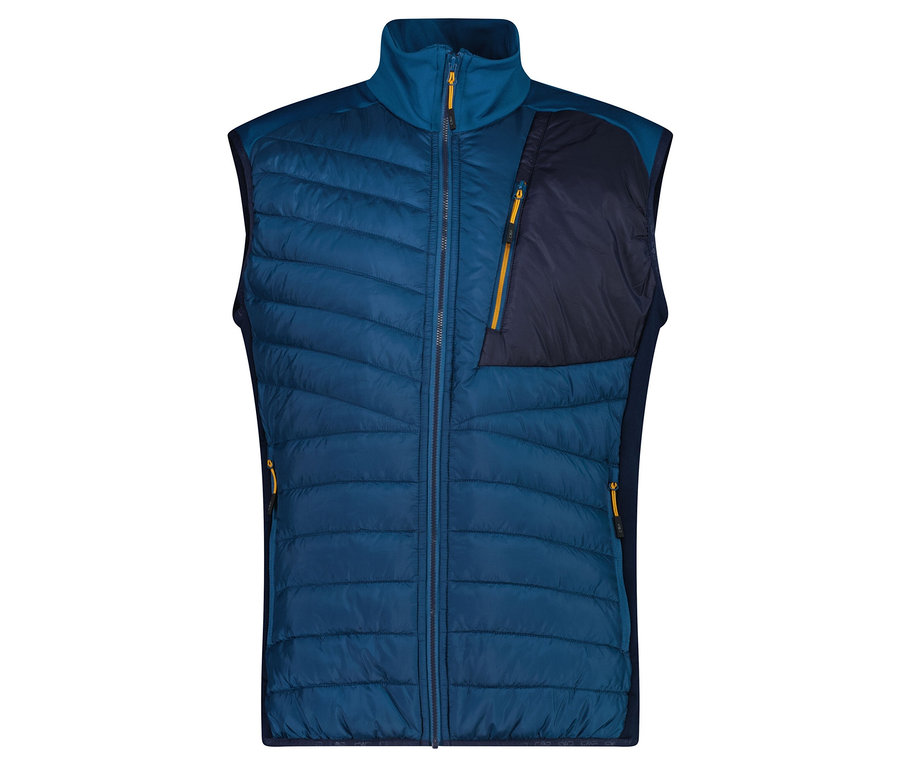 Kék-türkiz steppelt mellény cipzárral és zsebekkel.