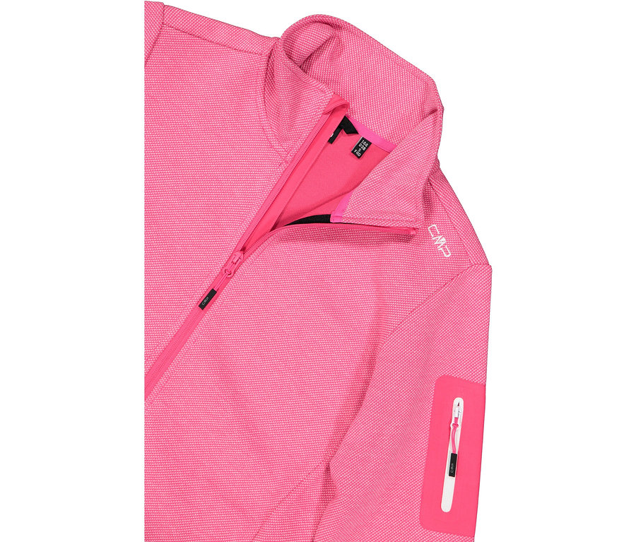 Egy rózsaszín CMP kabát közeli képe, cipzárral és ujjzsebbel.