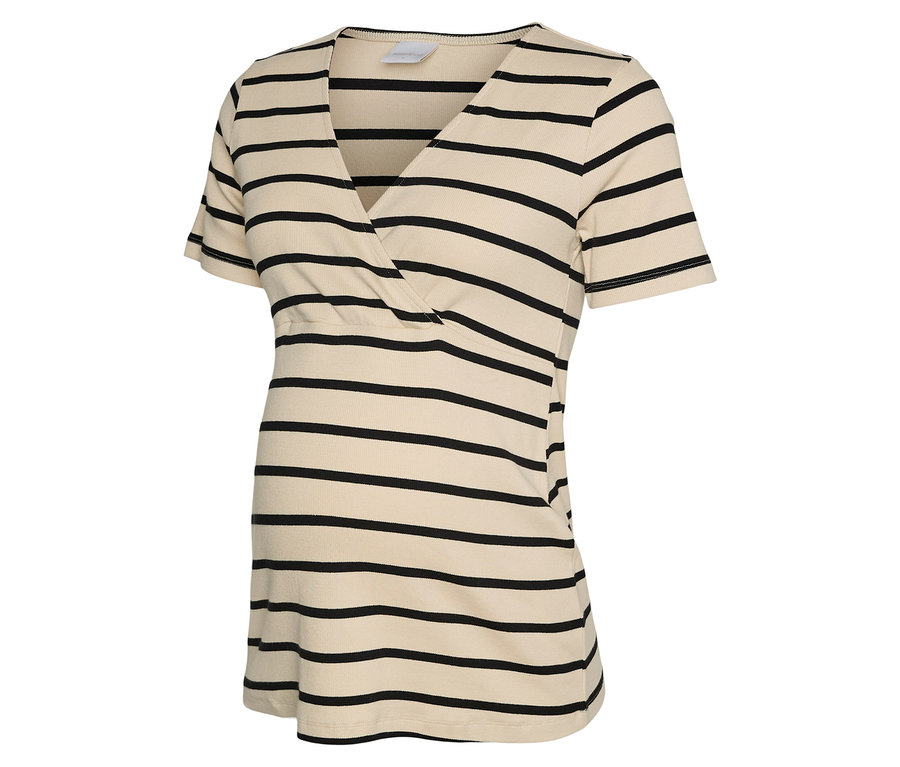 Bézs és fekete csíkos, V-nyakú kismama felső.
