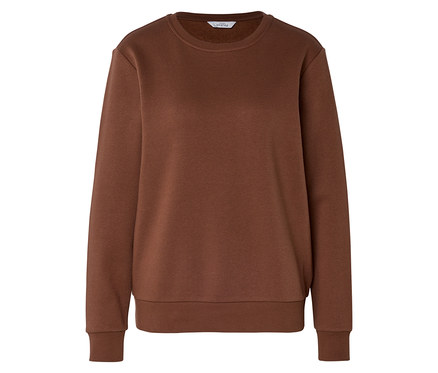Konyak színű szabadidőfelső kerek nyakkivágással, hosszú ujjakkal és bordázott mandzsettákkal.