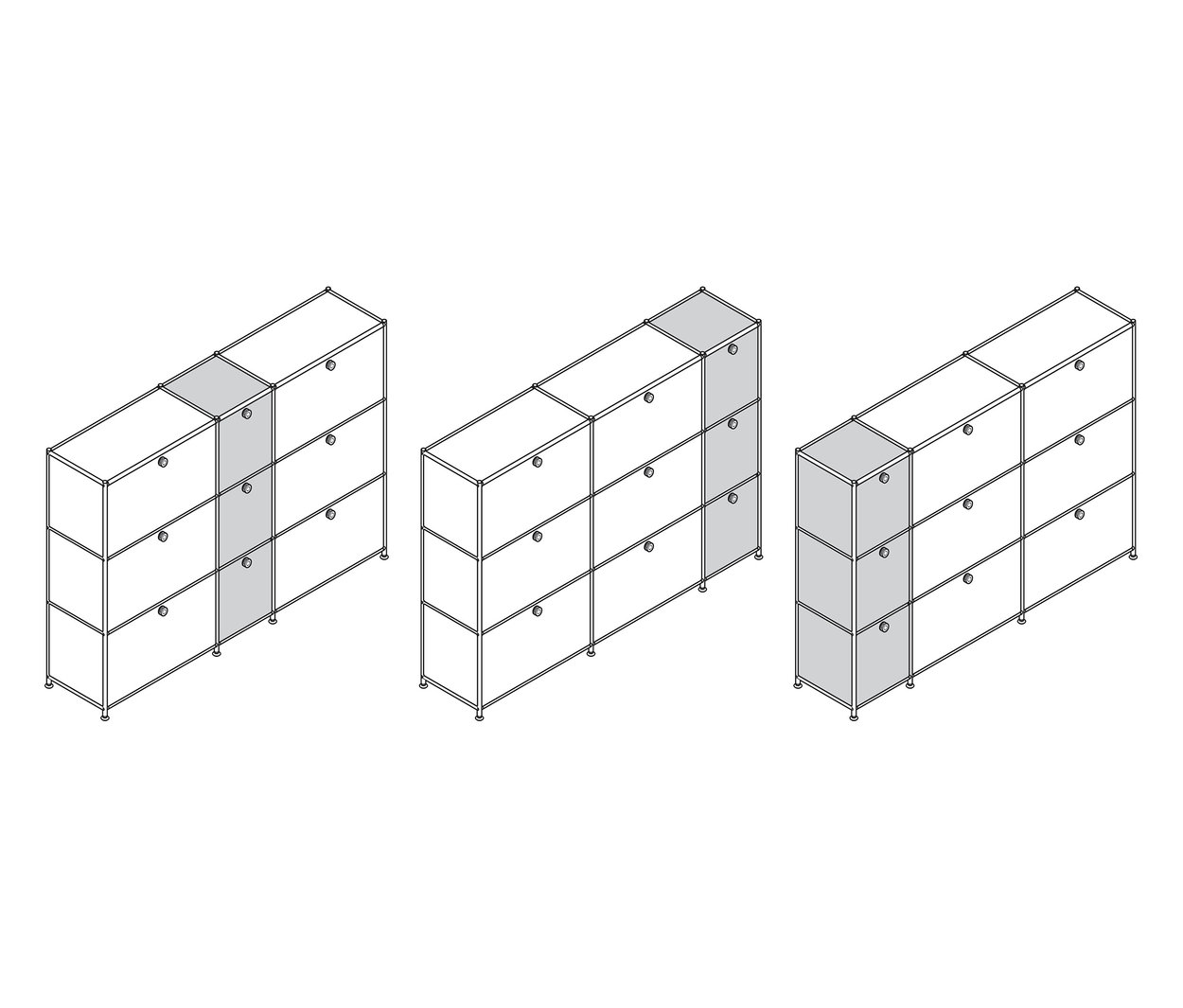 Három »CN3« komód, mindegyik 9 ajtós, egy szürke, egy fehér és egy fekete.