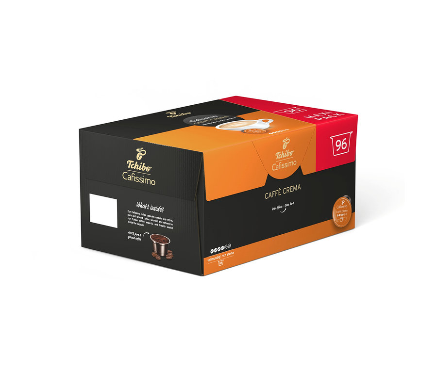 Fekete és narancssárga Tchibo Cafissimo Caffè Crema kávékapszula doboz 96 kapszulával.