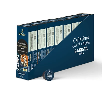 Sötétkék display doboz 80 db Cafissimo BARISTA Caffè Crema India kávékapszulával, előtte egy laza kapszula. A dobozon tigrisfej látható.