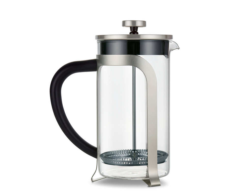 Egy ezüst színű, 800 ml-es, 6 csészés dugattyús kávéfőző.