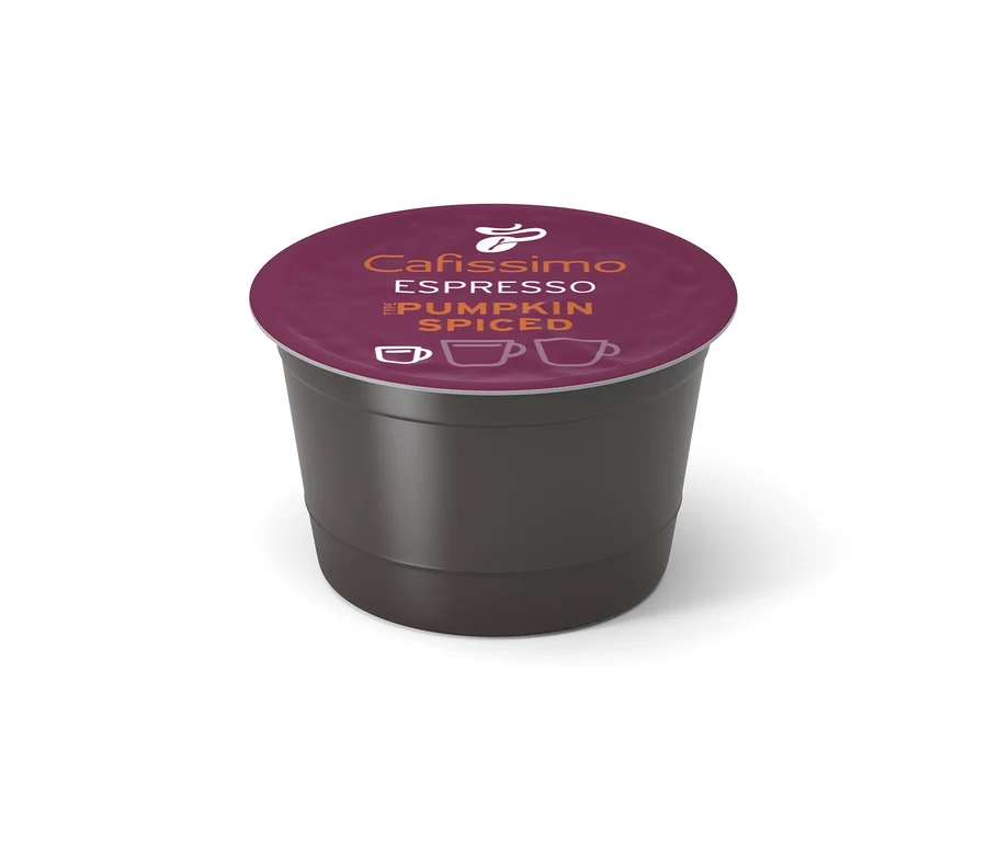 Egyetlen Cafissimo Flavoured Espresso Pumpkin Spiced kávékapszula sötétbarna testtel és bordó fedéllel.