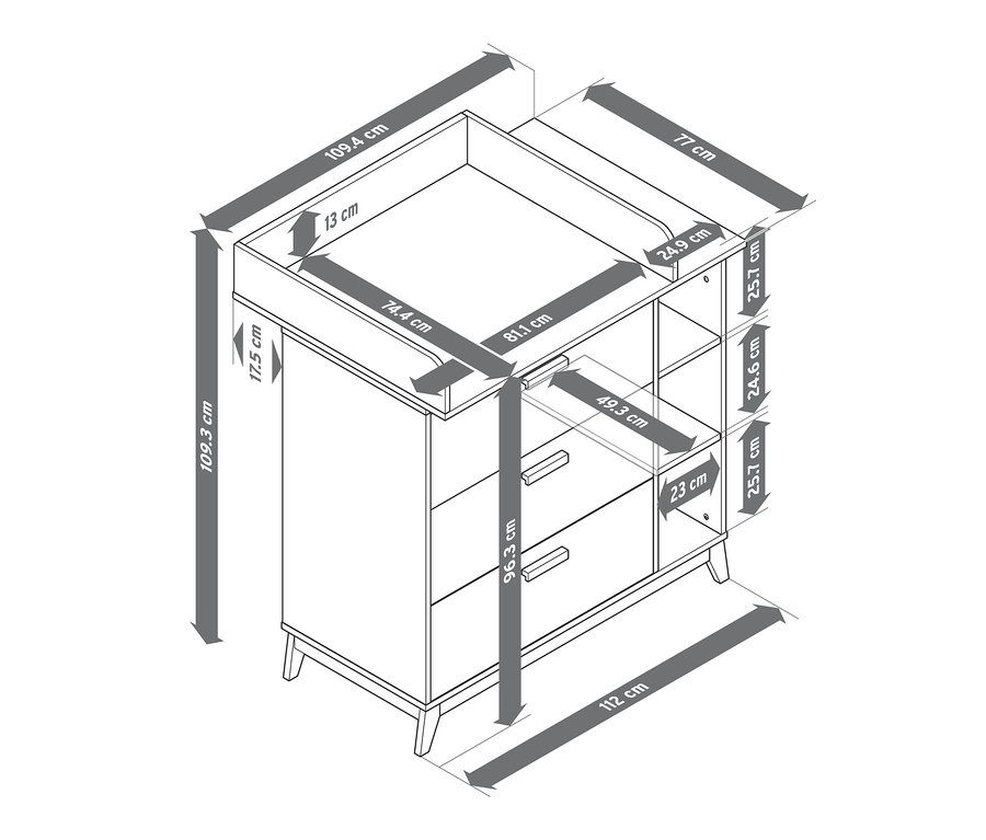 Pelenkázó komód méretekkel ellátott rajza.