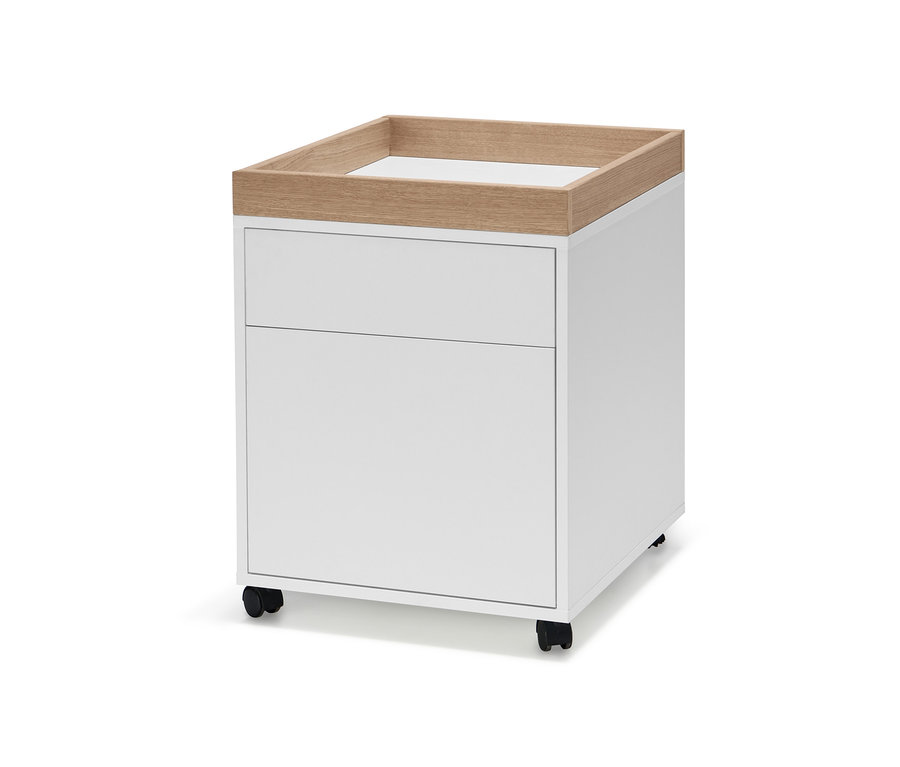 Fehér görgős tároló, tálcával.