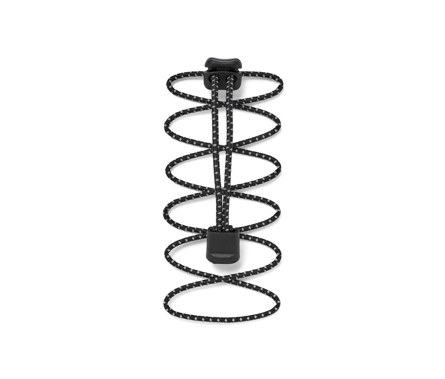 Egy fekete-szürke rugalmas cipőfűző stopperrel.