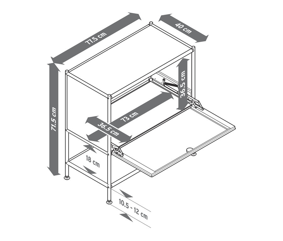 Vázlat egy fehér »CN3« komódról, 1 ajtóval és méretekkel.