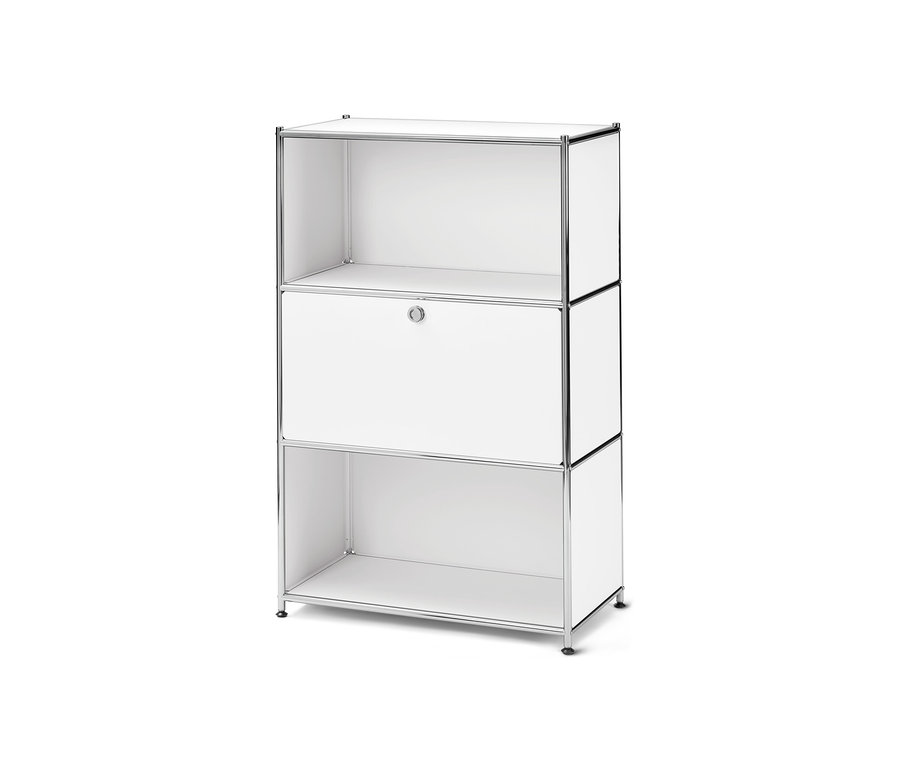 Fehér »CN3« polcos komód lenyitható ajtóval.