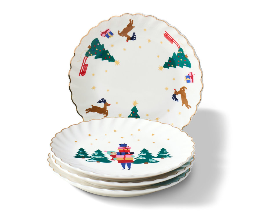 Négy darab desszertes tányér karácsonyi mintákkal és arany dekorral.