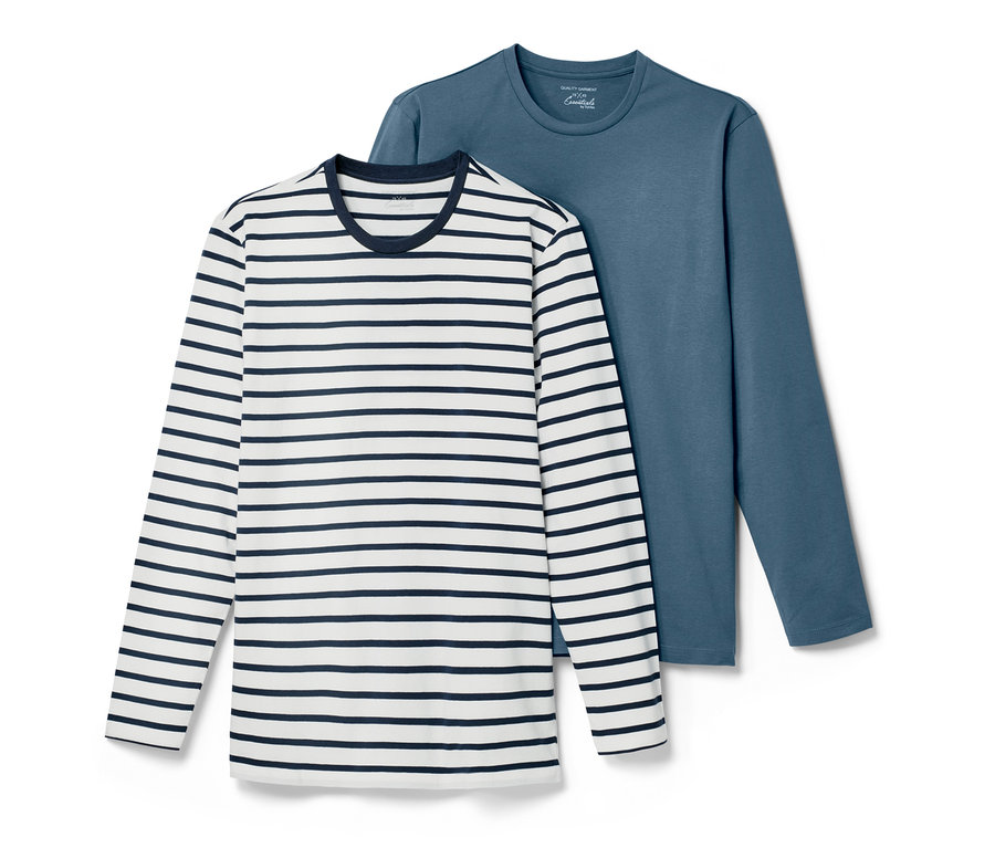 Két hosszú ujjú felső: egy kék és egy fehér, sötétkék csíkokkal.