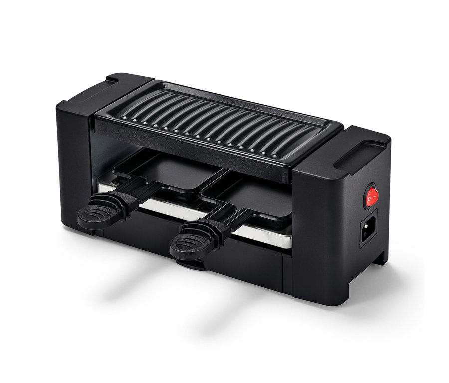 Fekete kétszemélyes raclette grill.