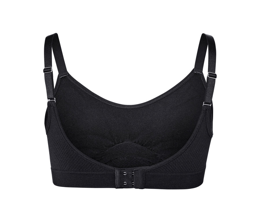 Egy fekete, seamless sportmelltartó részletgazdag hátulnézete, állítható pántokkal és kapcsos zárással.