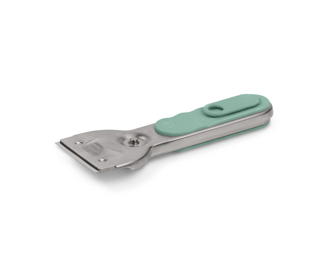 Kaparó, ezüst színű fém fejjel és zöld fogantyúval.