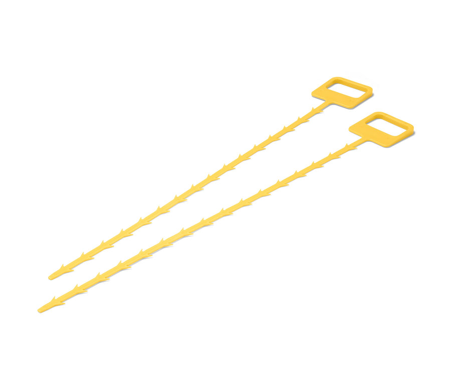 Két sárga lefolyótisztító eszköz látható fehér alapon.