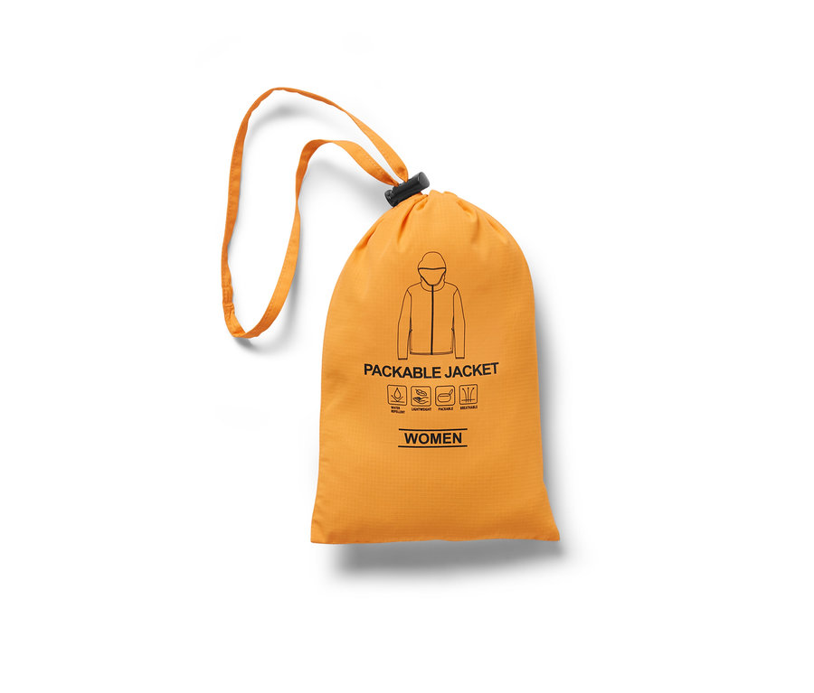 Narancssárga húzózsinóros tasak kabát ikonnal és Női esőkabát, összehajtható, narancs felirattal.