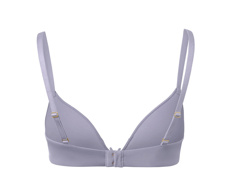 Hátulnézet egy lila, puha kosaras melltartóról.