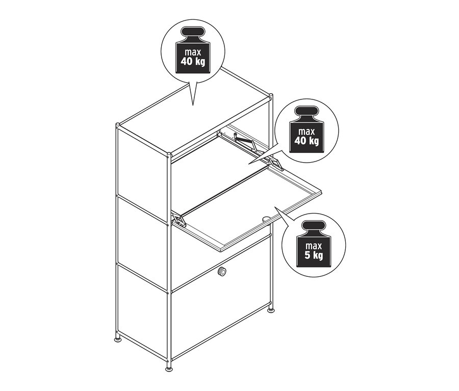 Egy »CN3« komód vázlata 3 lenyíló ajtóval, a felső és a középső rekesz nyitva van. A maximális terhelés a felső két rekesznél 40 kg, az alsó rekesznél 5 kg.