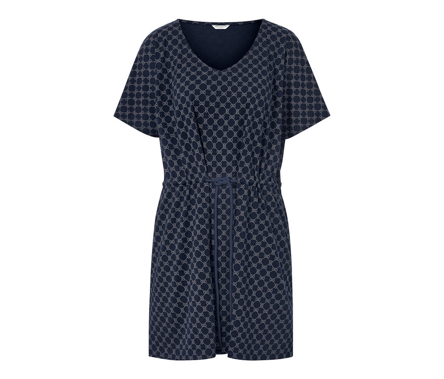 Sötétkék, rövid ujjú, mintás strandtunika.