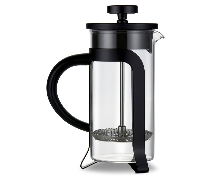 Fekete dugattyús kávéfőző, 300 ml-es, 2 csészés.