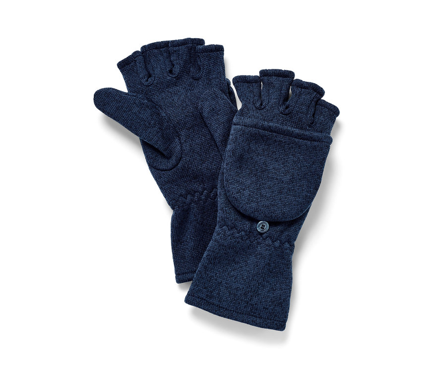 Két sötétkék lehajtható kötött polárkesztyű.